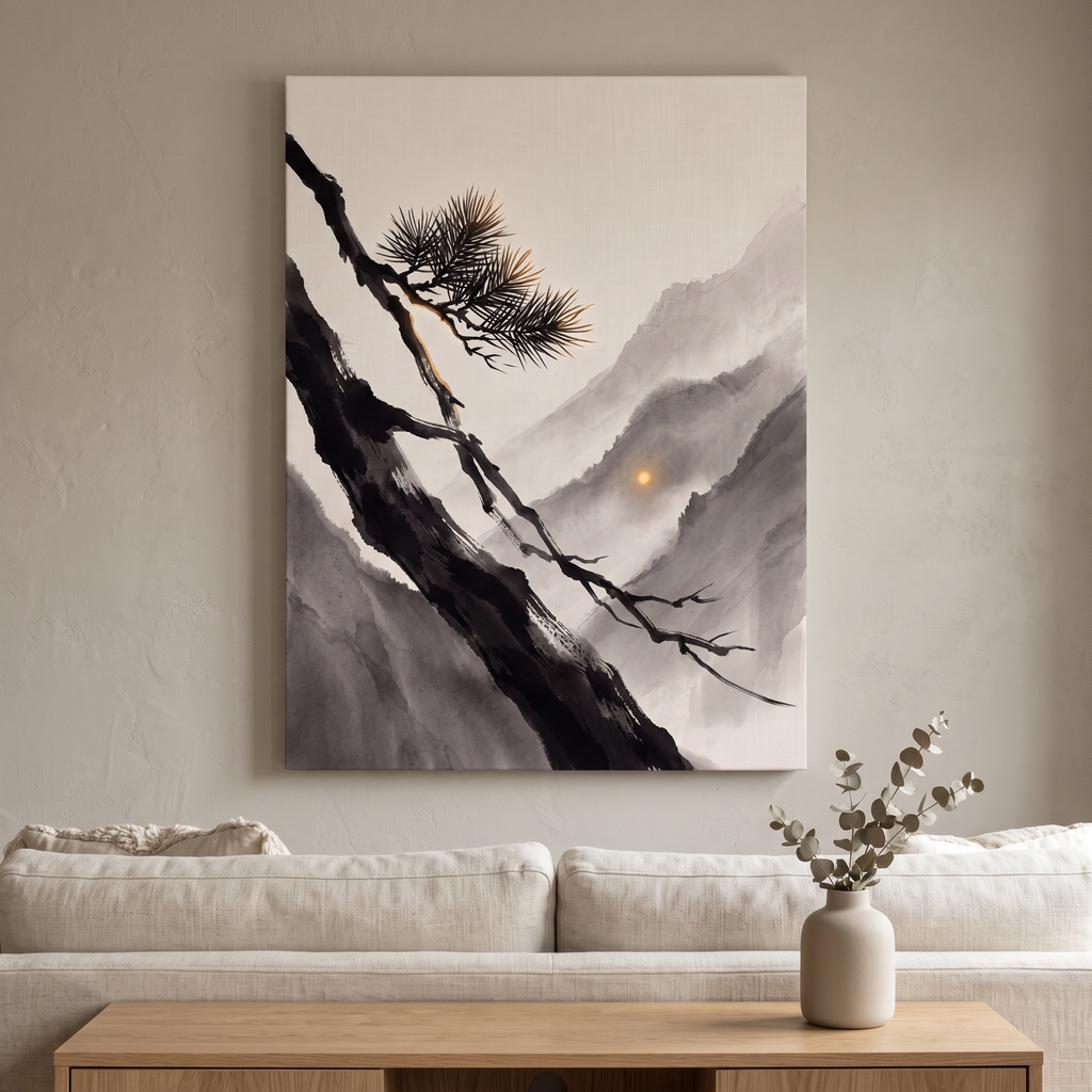 Ink Wash Pine Branch & Misty Mountain Sun Canvas Art, Japanese Zen