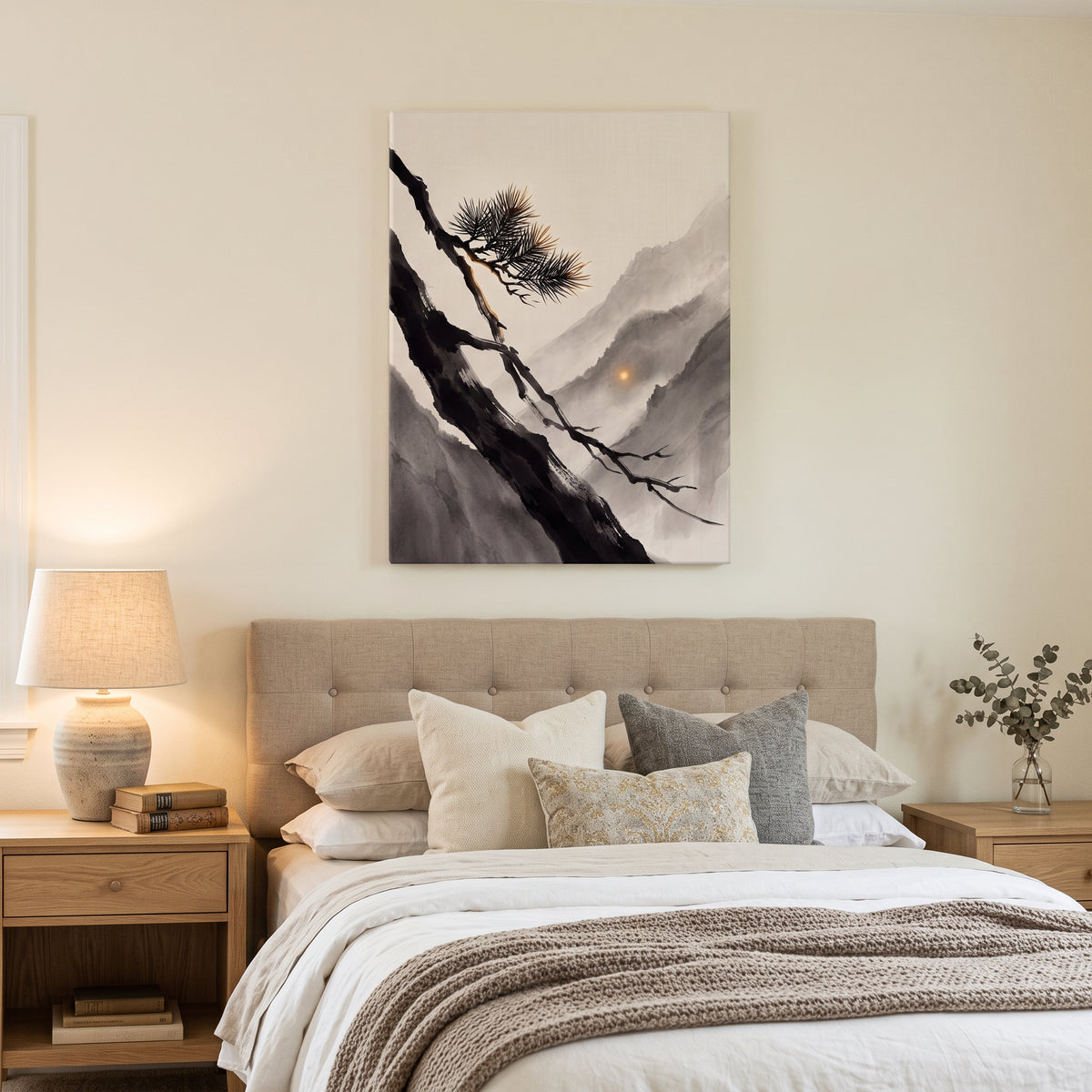 Ink Wash Pine Branch & Misty Mountain Sun Canvas Art, Japanese Zen