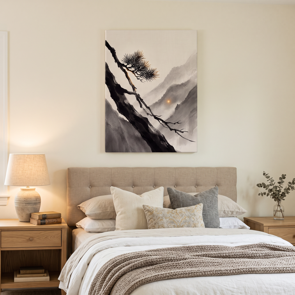 Ink Wash Pine Branch & Misty Mountain Sun Canvas Art, Japanese Zen