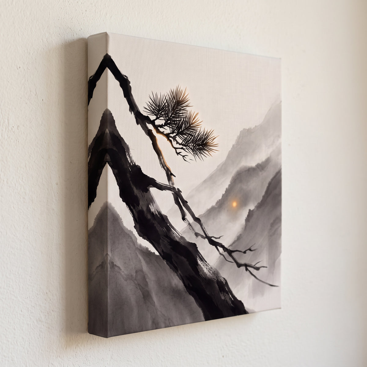 Ink Wash Pine Branch & Misty Mountain Sun Canvas Art, Japanese Zen