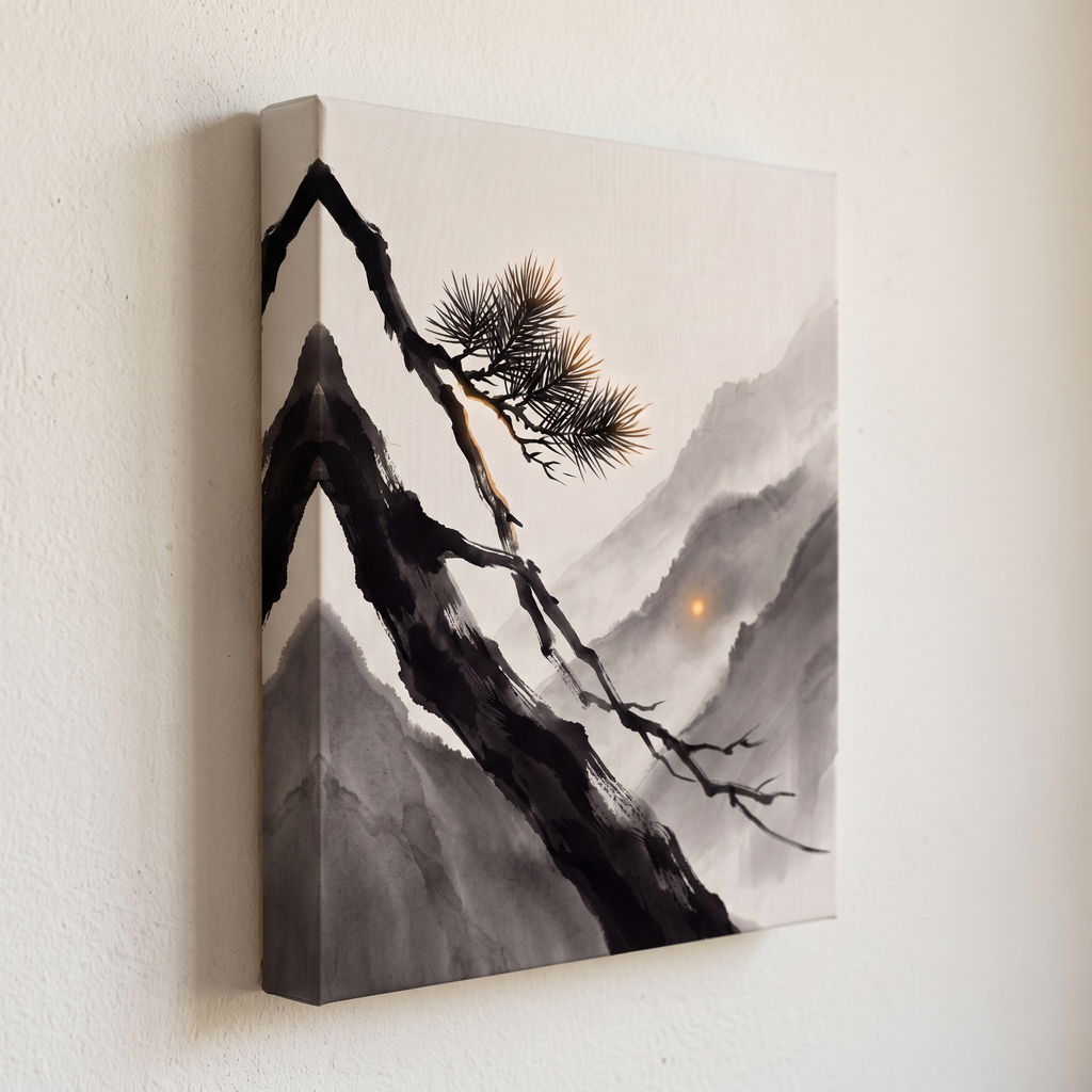 Ink Wash Pine Branch & Misty Mountain Sun Canvas Art, Japanese Zen