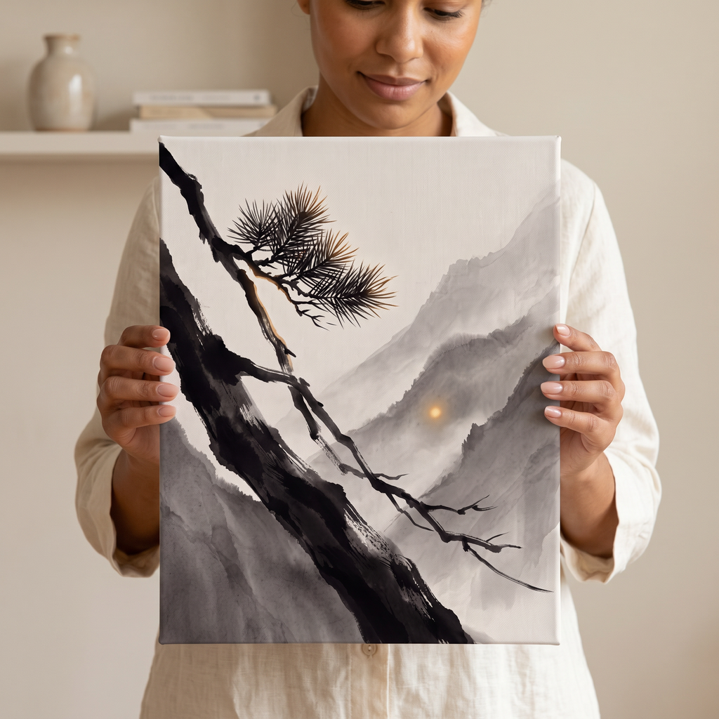 Ink Wash Pine Branch & Misty Mountain Sun Canvas Art, Japanese Zen