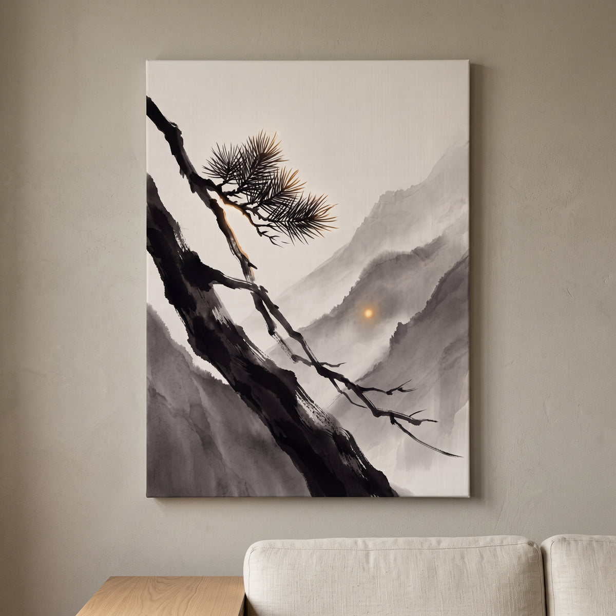 Ink Wash Pine Branch & Misty Mountain Sun Canvas Art, Japanese Zen