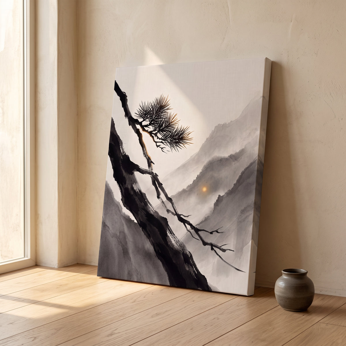 Ink Wash Pine Branch & Misty Mountain Sun Canvas Art, Japanese Zen