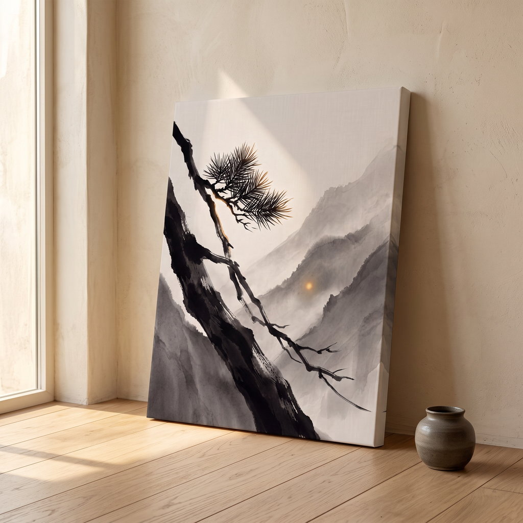 Ink Wash Pine Branch & Misty Mountain Sun Canvas Art, Japanese Zen