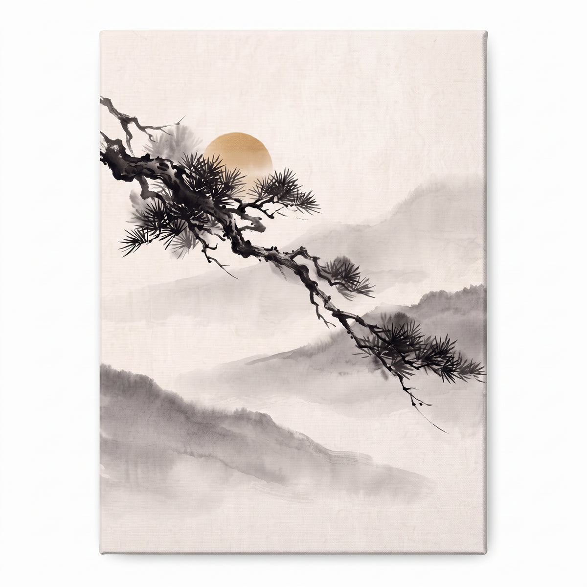 Large Japanese Pine Branch Wall Art, Zen Sumi-e Ink Painting, Golden Sun & Misty Mountains, Wabi Sabi Decor, Gift
