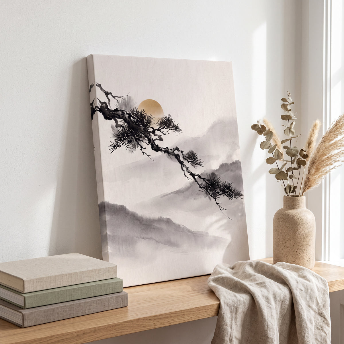 Large Japanese Pine Branch Wall Art, Zen Sumi-e Ink Painting, Golden Sun & Misty Mountains, Wabi Sabi Decor, Gift