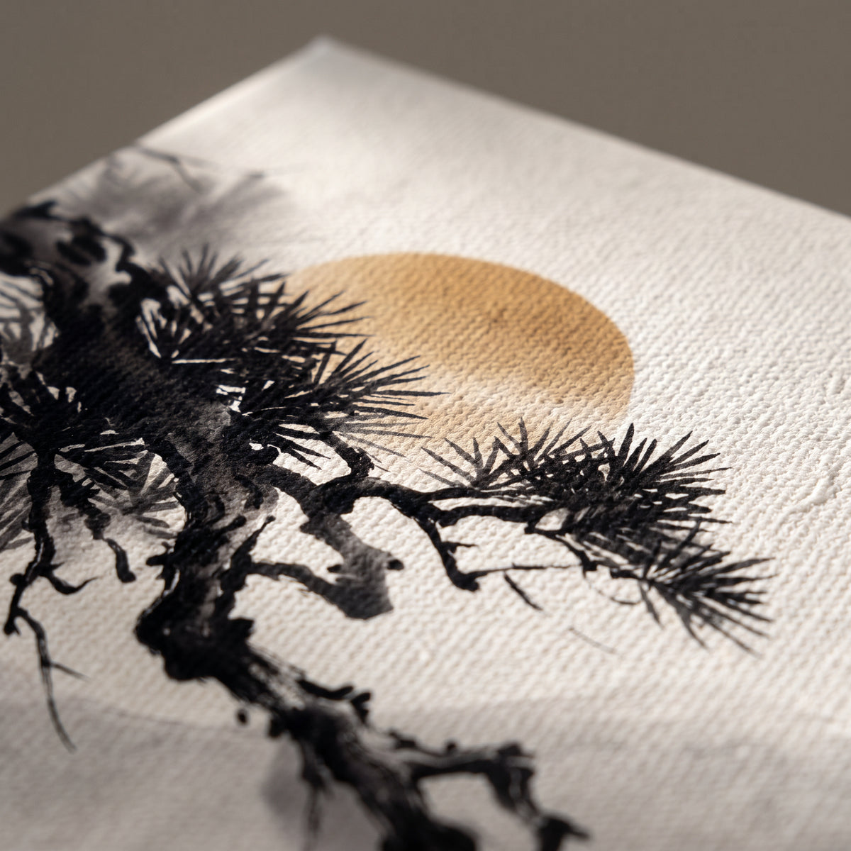 Large Japanese Pine Branch Wall Art, Zen Sumi-e Ink Painting, Golden Sun & Misty Mountains, Wabi Sabi Decor, Gift