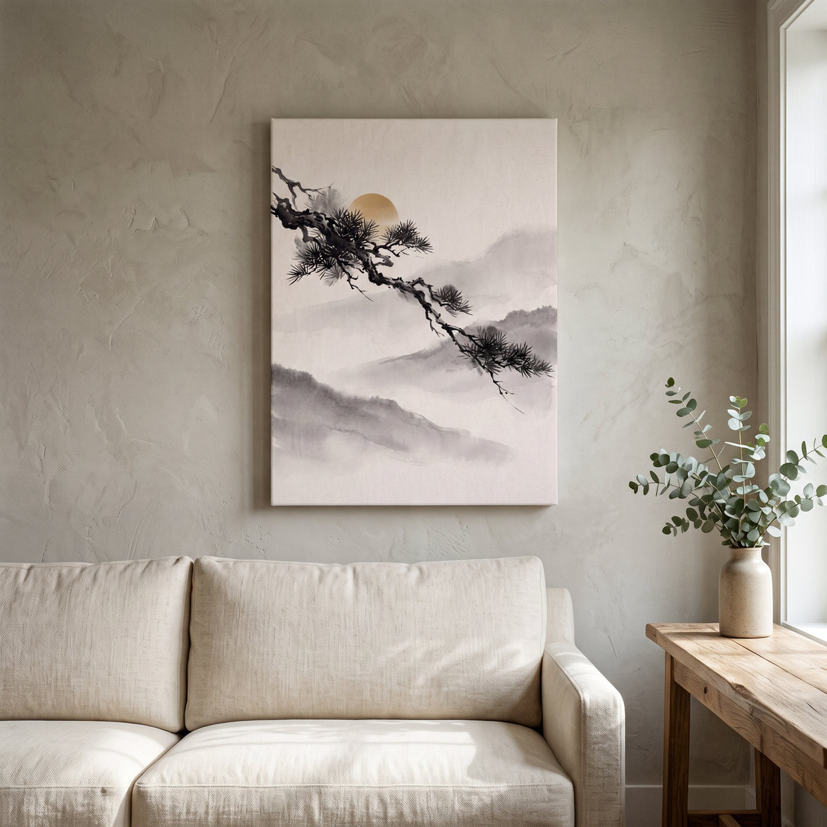 Large Japanese Pine Branch Wall Art, Zen Sumi-e Ink Painting, Golden Sun & Misty Mountains, Wabi Sabi Decor, Gift