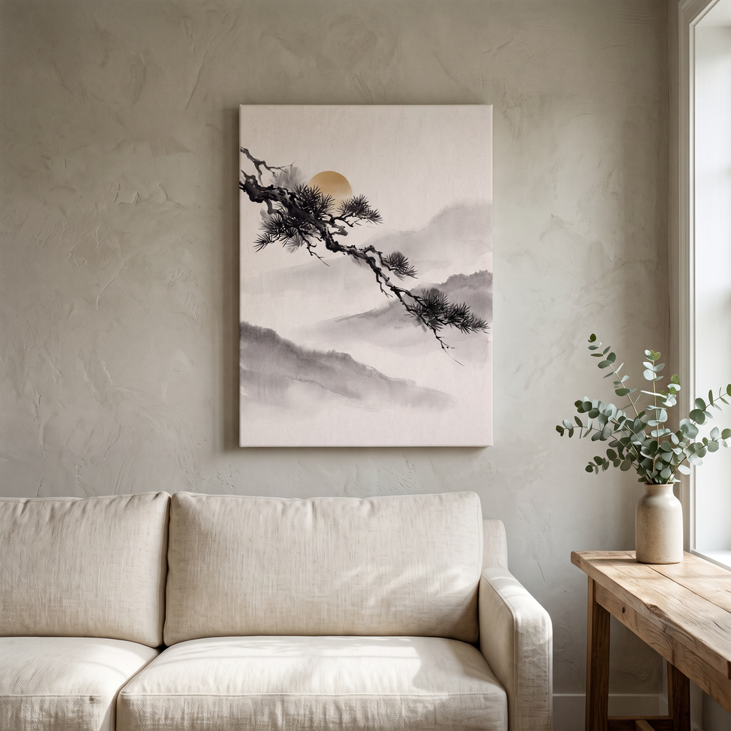 Large Japanese Pine Branch Wall Art, Zen Sumi-e Ink Painting, Golden Sun & Misty Mountains, Wabi Sabi Decor, Gift