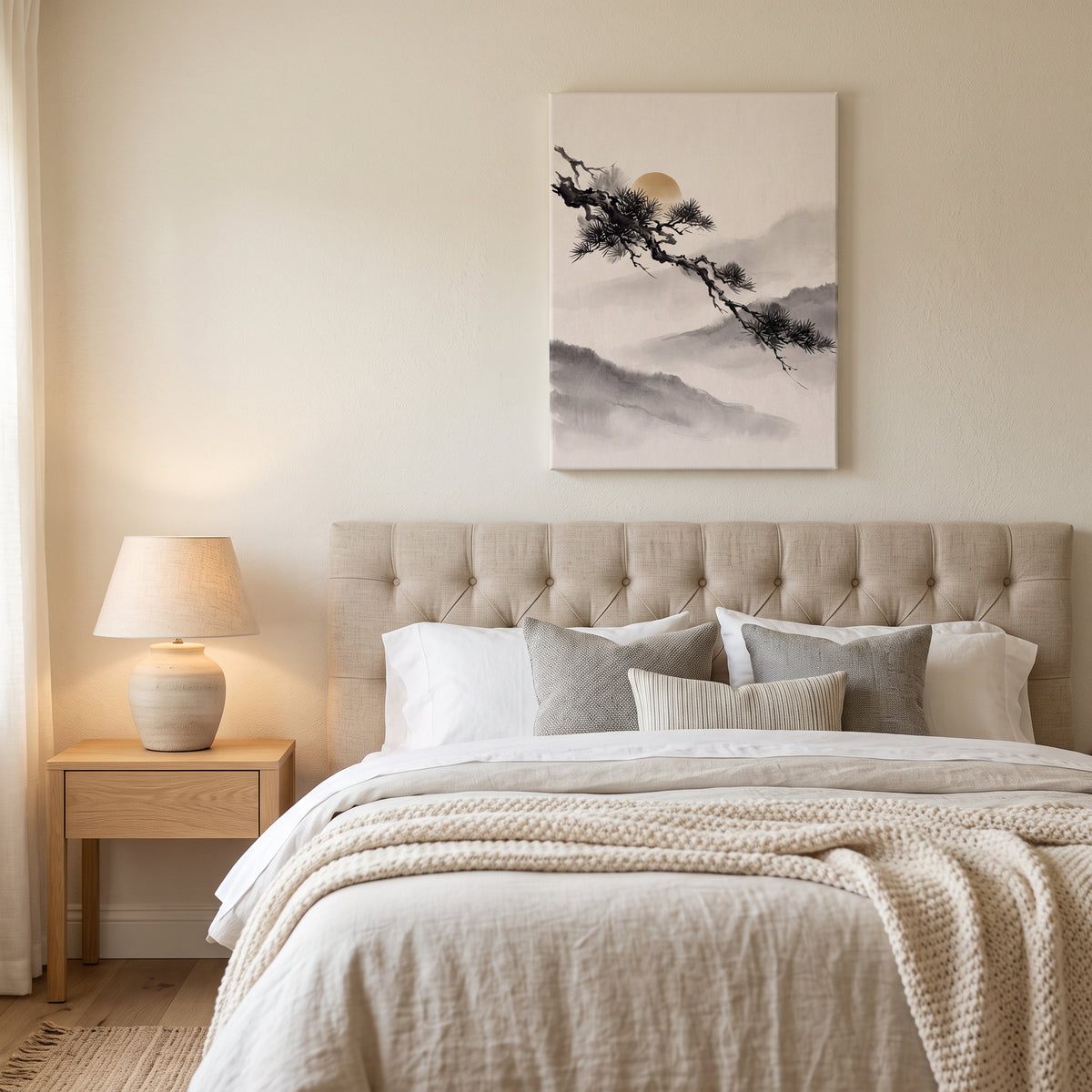 Large Japanese Pine Branch Wall Art, Zen Sumi-e Ink Painting, Golden Sun & Misty Mountains, Wabi Sabi Decor, Gift