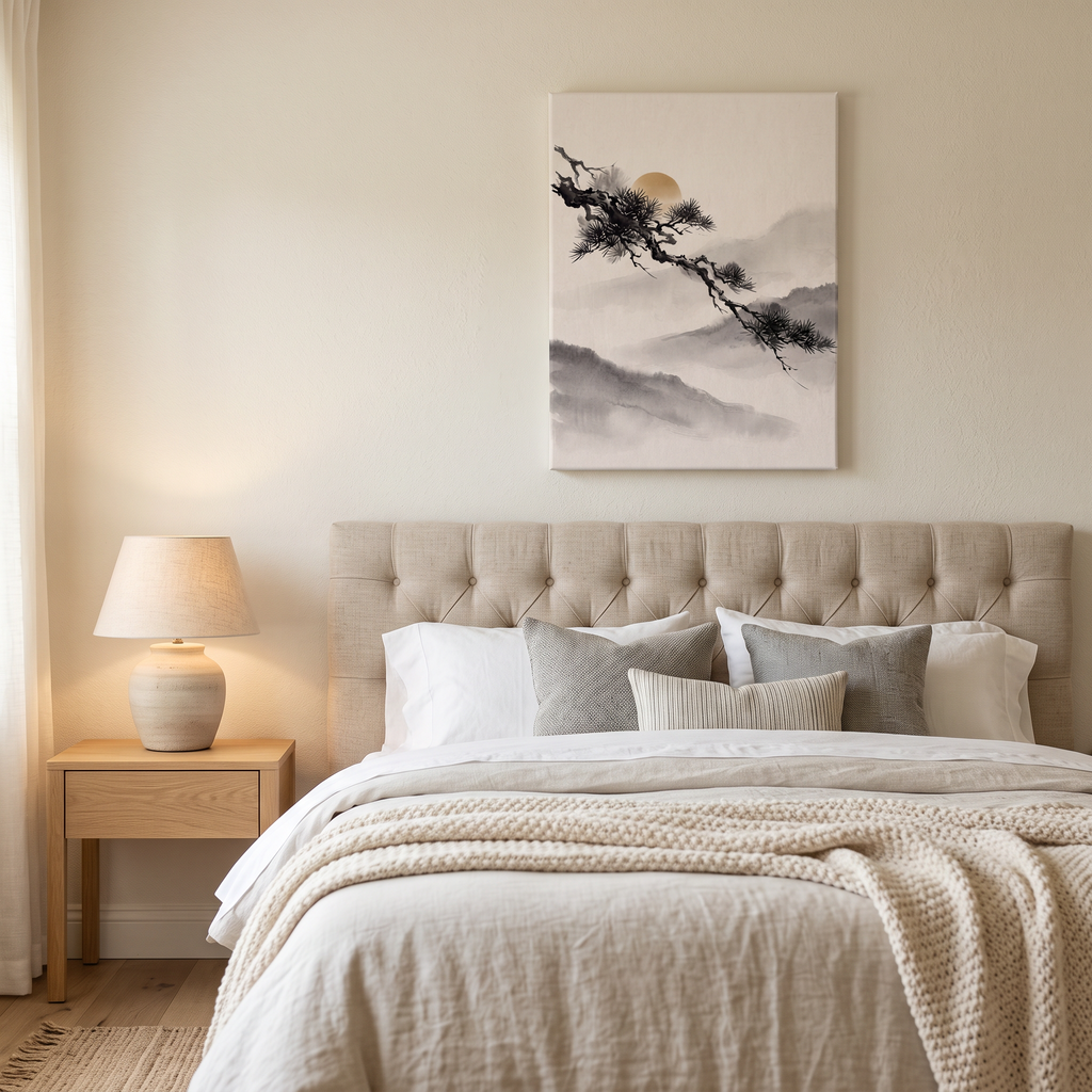 Large Japanese Pine Branch Wall Art, Zen Sumi-e Ink Painting, Golden Sun & Misty Mountains, Wabi Sabi Decor, Gift
