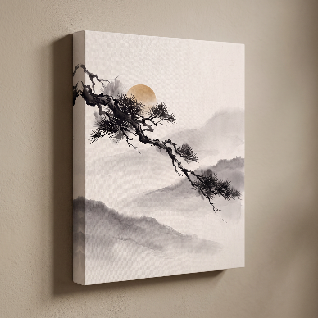 Large Japanese Pine Branch Wall Art, Zen Sumi-e Ink Painting, Golden Sun & Misty Mountains, Wabi Sabi Decor, Gift