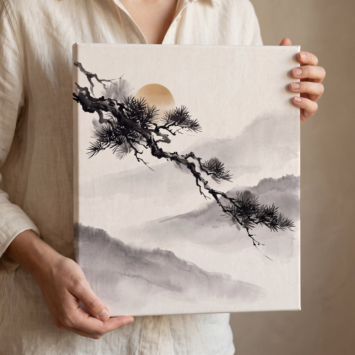 Large Japanese Pine Branch Wall Art, Zen Sumi-e Ink Painting, Golden Sun & Misty Mountains, Wabi Sabi Decor, Gift