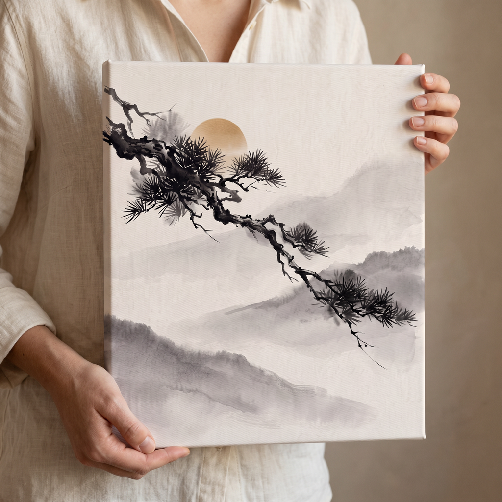 Large Japanese Pine Branch Wall Art, Zen Sumi-e Ink Painting, Golden Sun & Misty Mountains, Wabi Sabi Decor, Gift
