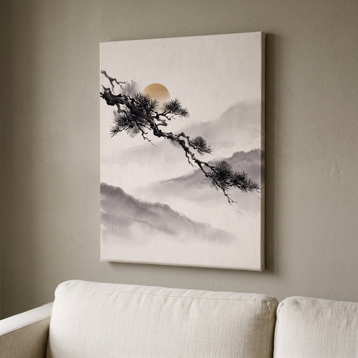 Large Japanese Pine Branch Wall Art, Zen Sumi-e Ink Painting, Golden Sun & Misty Mountains, Wabi Sabi Decor, Gift
