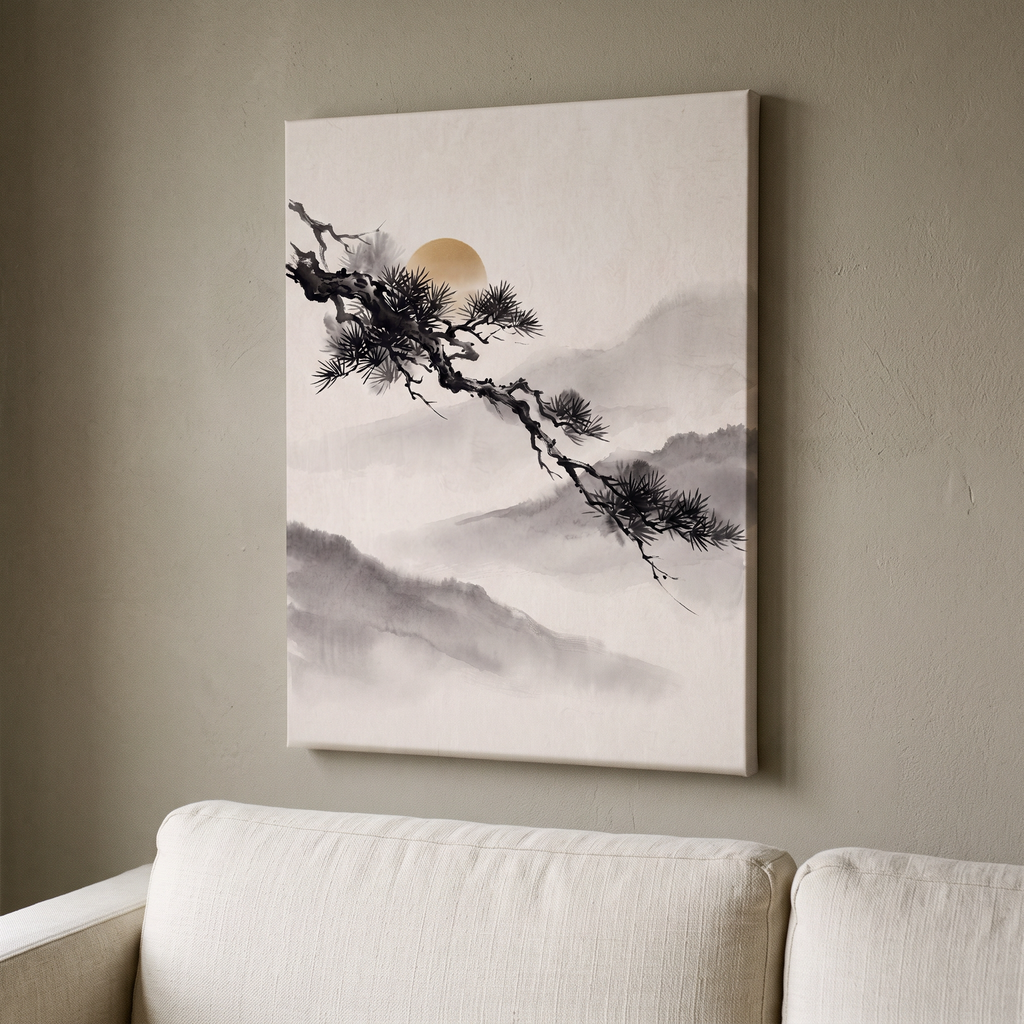 Large Japanese Pine Branch Wall Art, Zen Sumi-e Ink Painting, Golden Sun & Misty Mountains, Wabi Sabi Decor, Gift