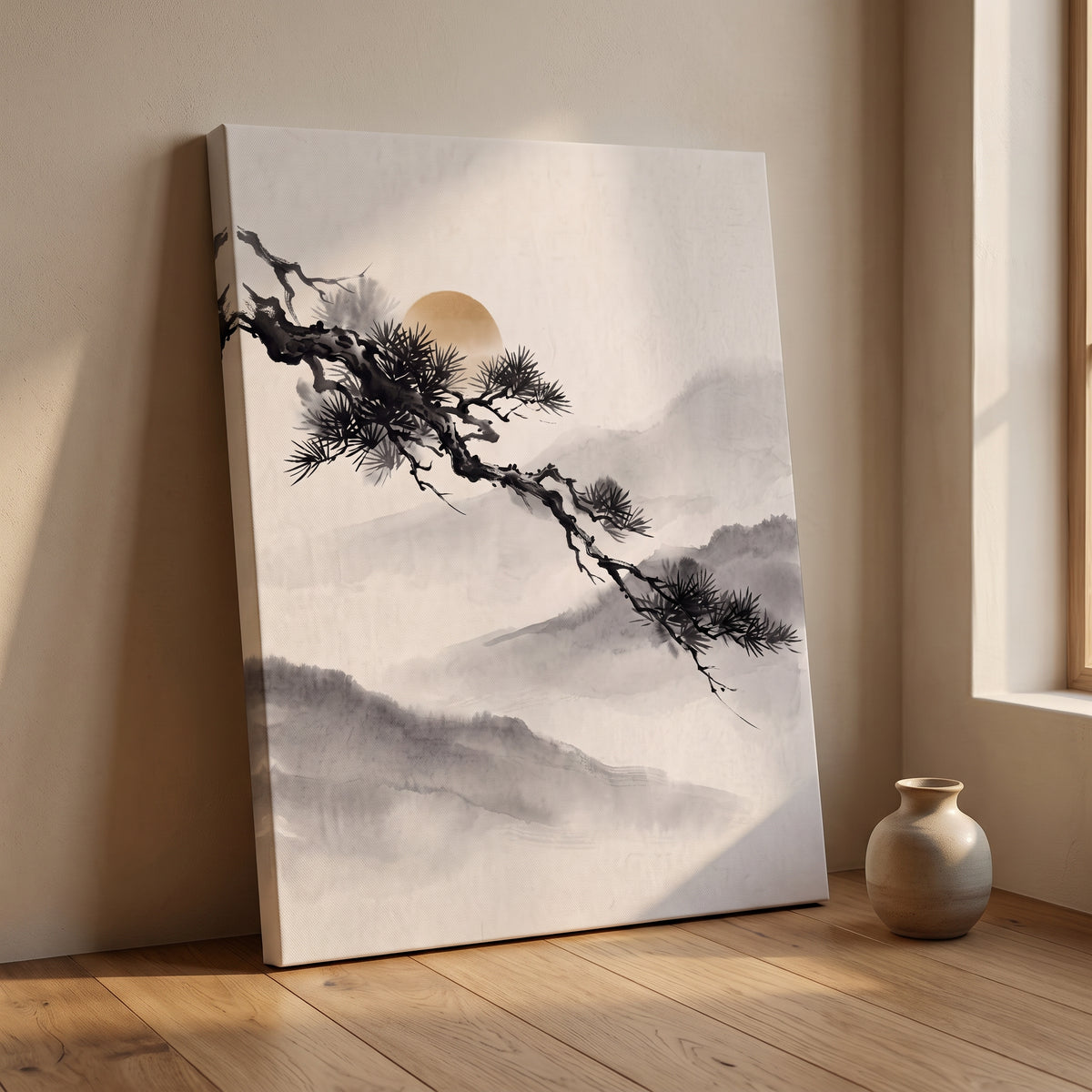 Large Japanese Pine Branch Wall Art, Zen Sumi-e Ink Painting, Golden Sun & Misty Mountains, Wabi Sabi Decor, Gift