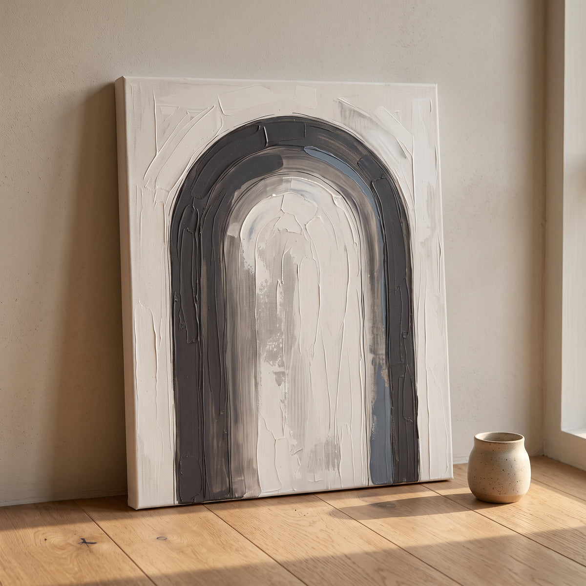 Single Arch Line Minimalist Wall Art — bedroom wall decor, boho neutral, canvas wall art shown on a wall in a styled interior, view C9 (minimalist line art) | B