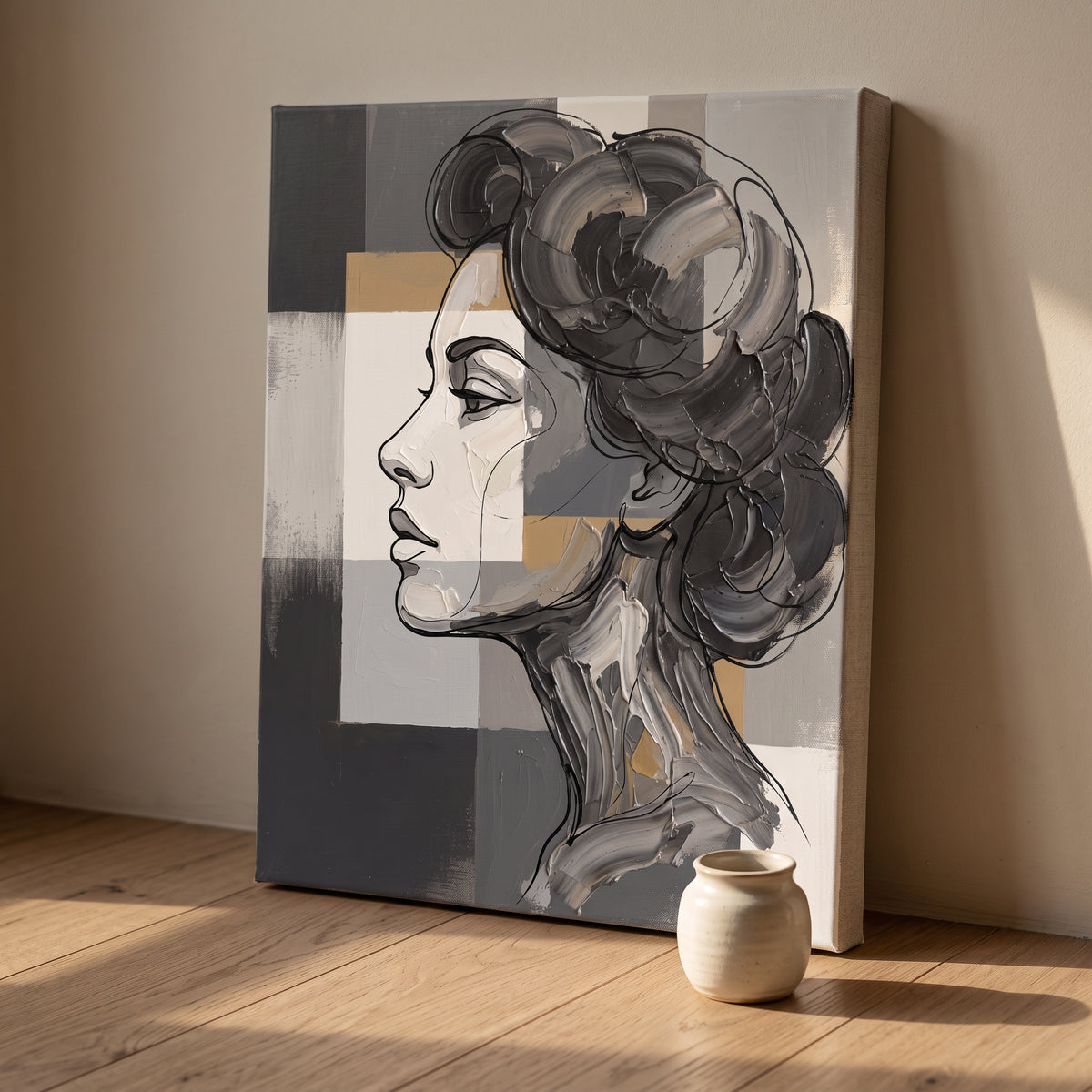 Abstract Face Line Art Minimalist Canvas — bedroom wall decor, boho neutral, canvas wall art shown on a wall in a styled interior, view C9 (minimalist line art)