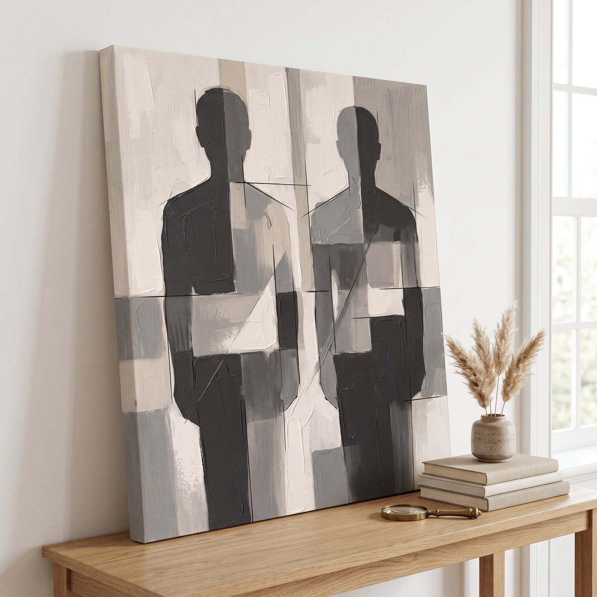 Two Abstract Figures Minimalist Wall Art — bedroom wall decor, boho neutral, canvas wall art shown on a wall in a styled interior, view C10 (minimalist line art