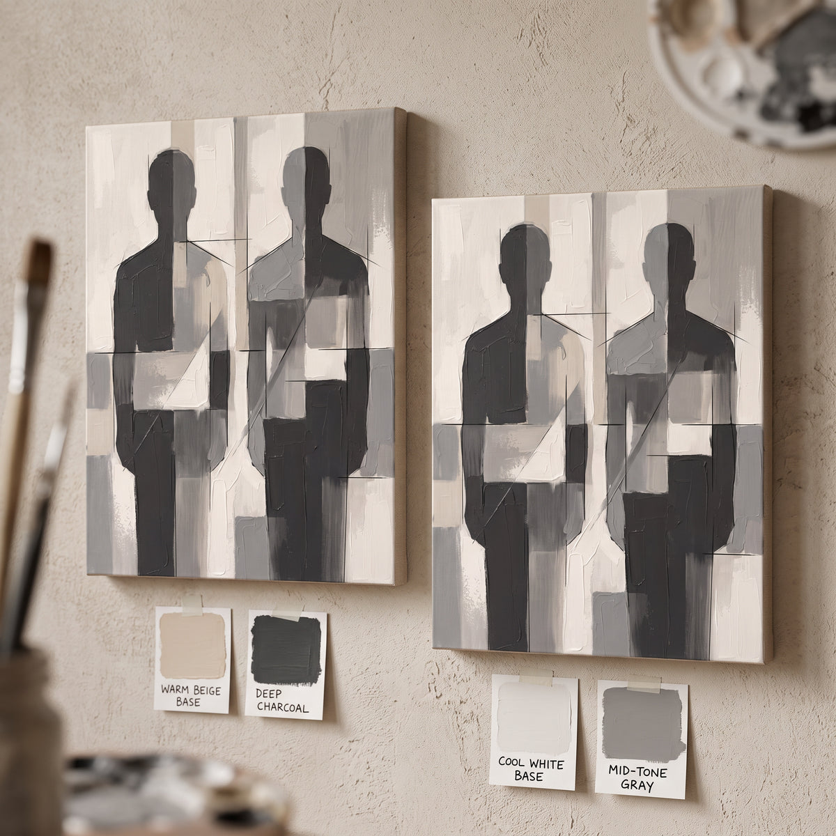 Two Abstract Figures Minimalist Wall Art — bedroom wall decor, boho neutral, canvas wall art shown on a wall in a styled interior, view C5 (minimalist line art)