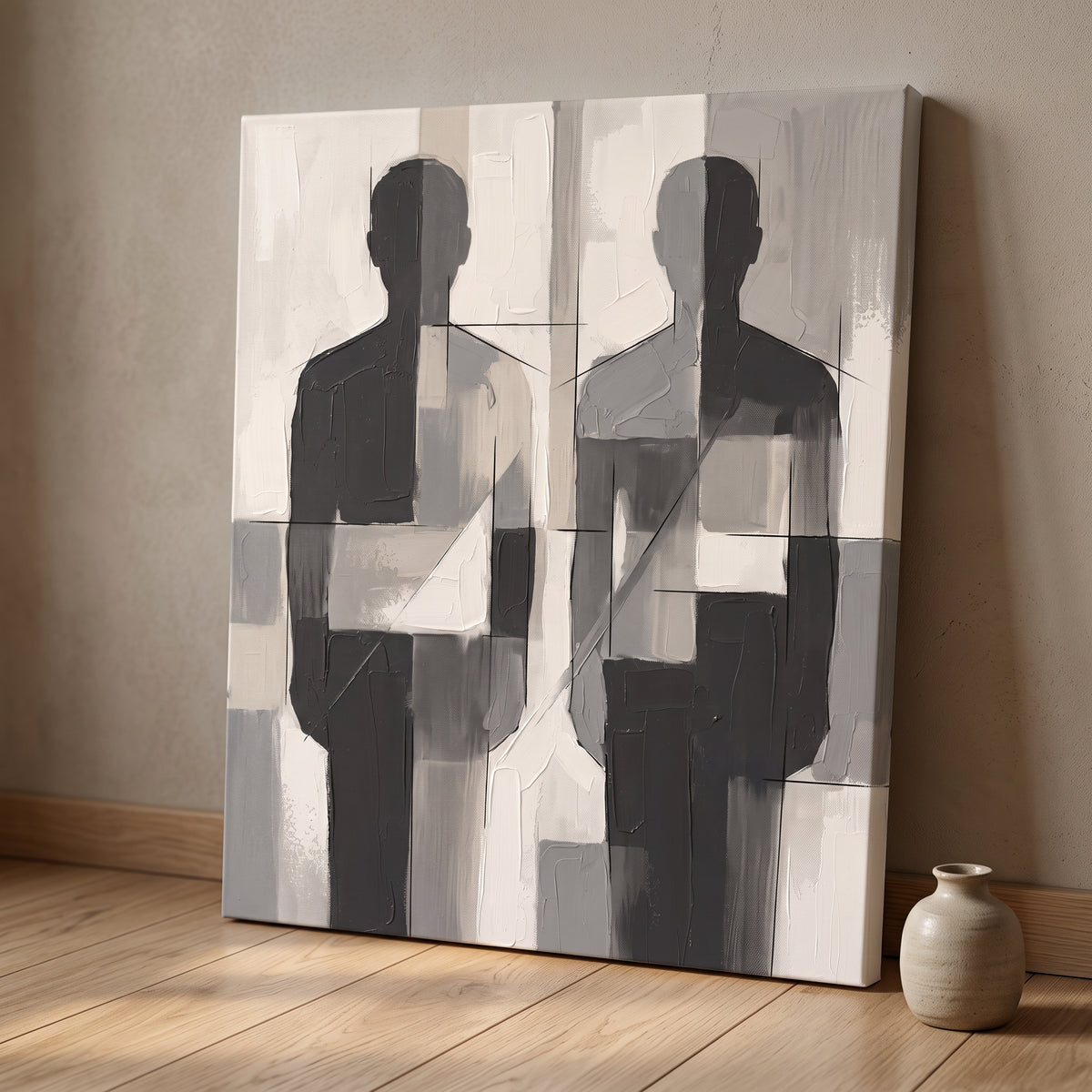 Two Abstract Figures Minimalist Wall Art — bedroom wall decor, boho neutral, canvas wall art shown on a wall in a styled interior, view C9 (minimalist line art)
