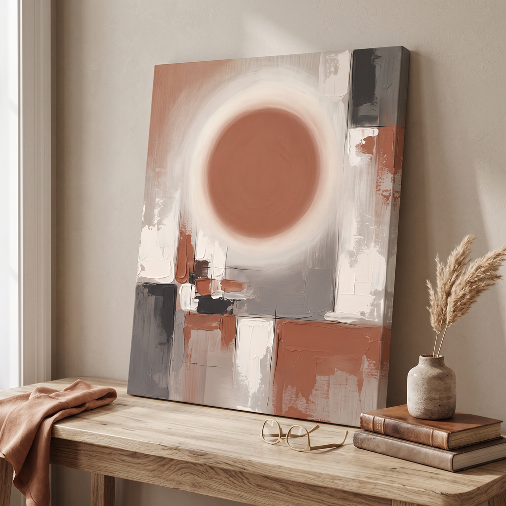Minimal Sun Circle Wall Art, Scandinavian Abstract Canvas, Warm Neutral Living Room Decor, Gift