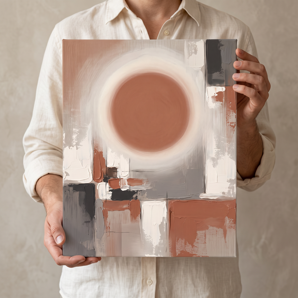 Minimal Sun Circle Wall Art, Scandinavian Abstract Canvas, Warm Neutral Living Room Decor, Gift