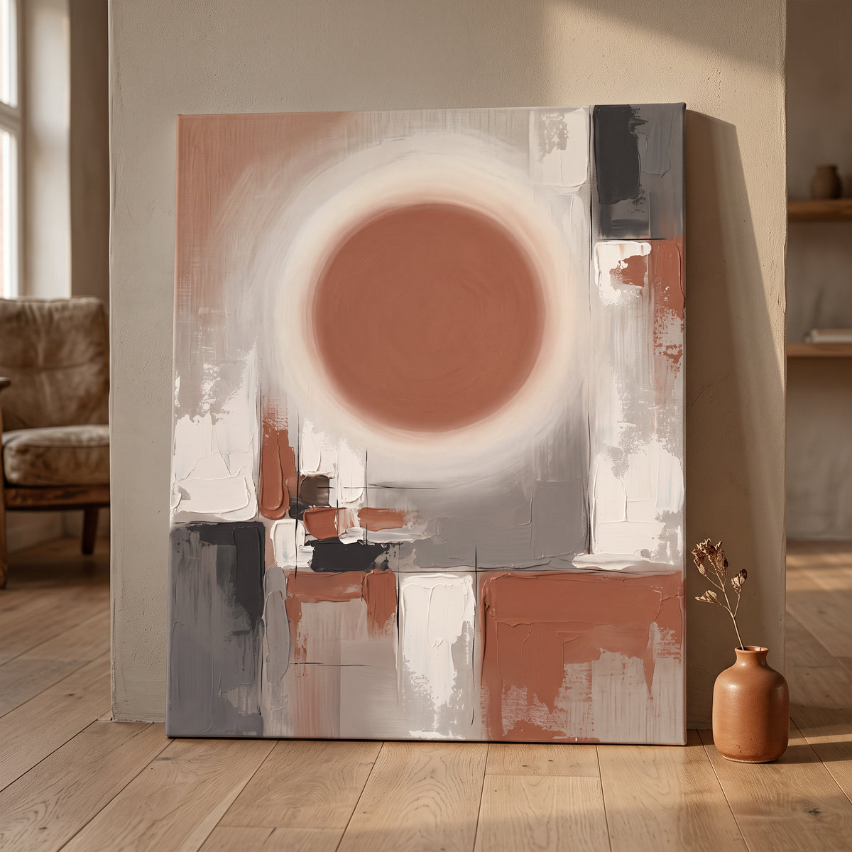 Minimal Sun Circle Wall Art — bedroom wall decor, boho neutral, canvas wall art shown on a wall in a styled interior, view C9 (minimalist line art) | BloomWorld