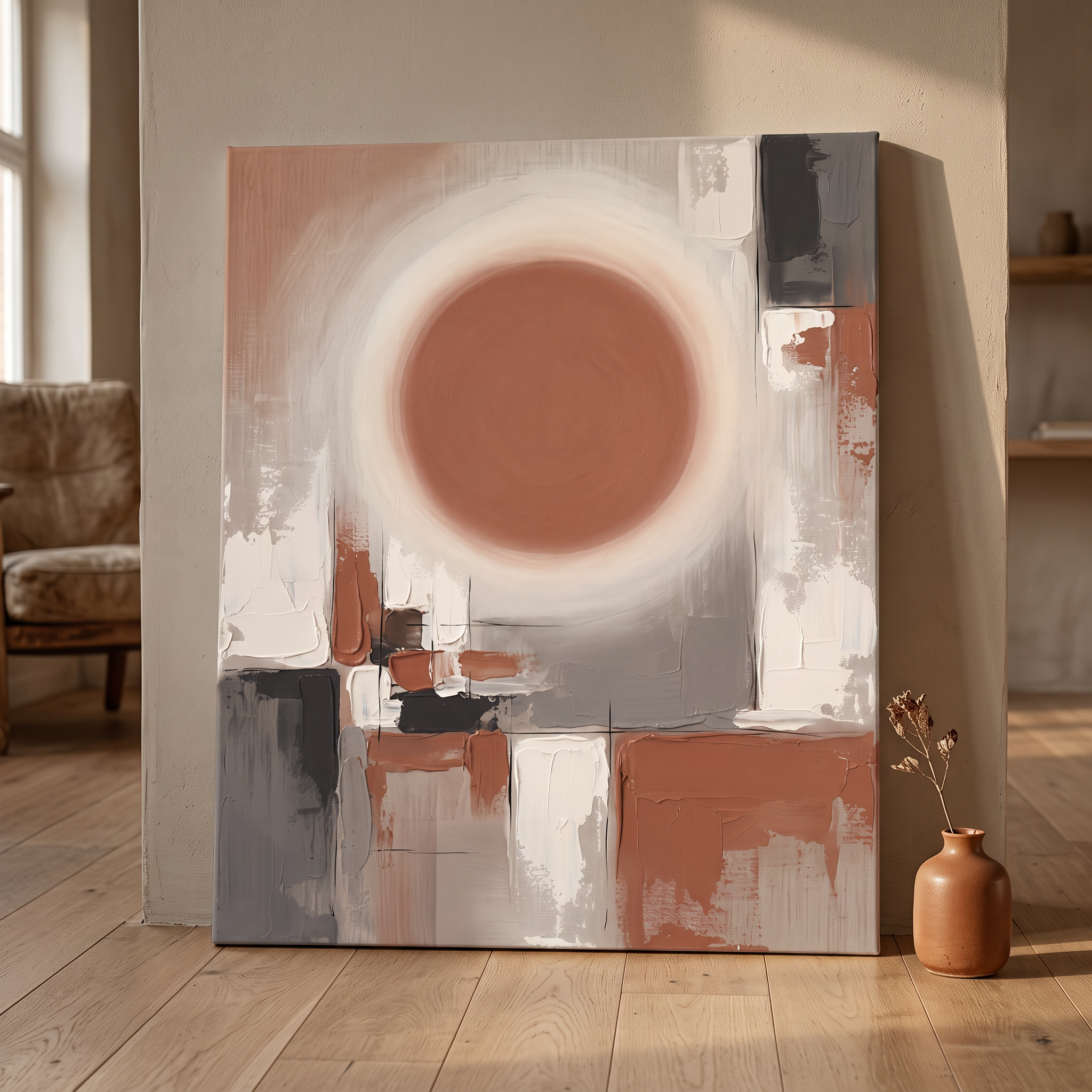 Minimal Sun Circle Wall Art, Scandinavian Abstract Canvas, Warm Neutral Living Room Decor, Gift