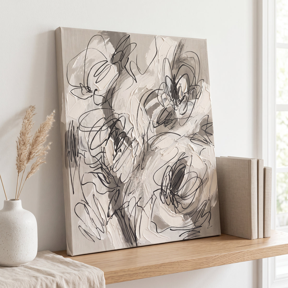 Organic Hand Drawing Minimalist Wall Art — bedroom wall decor, boho neutral, canvas wall art shown on a wall in a styled interior, view C10 (minimalist line art