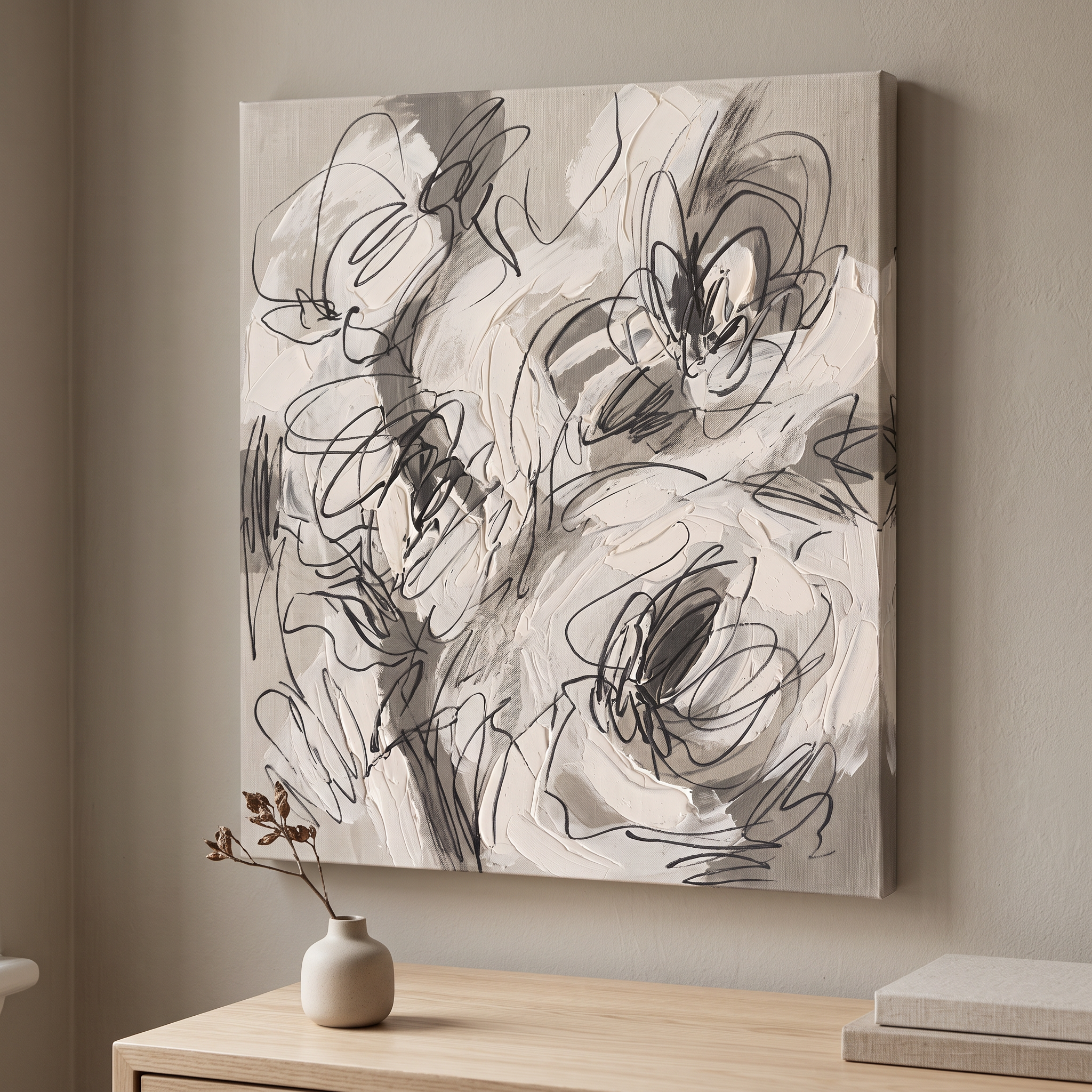 Organic Hand Drawing Minimalist Wall Art, One Line Abstract Canvas, Scandinavian Decor, Gift