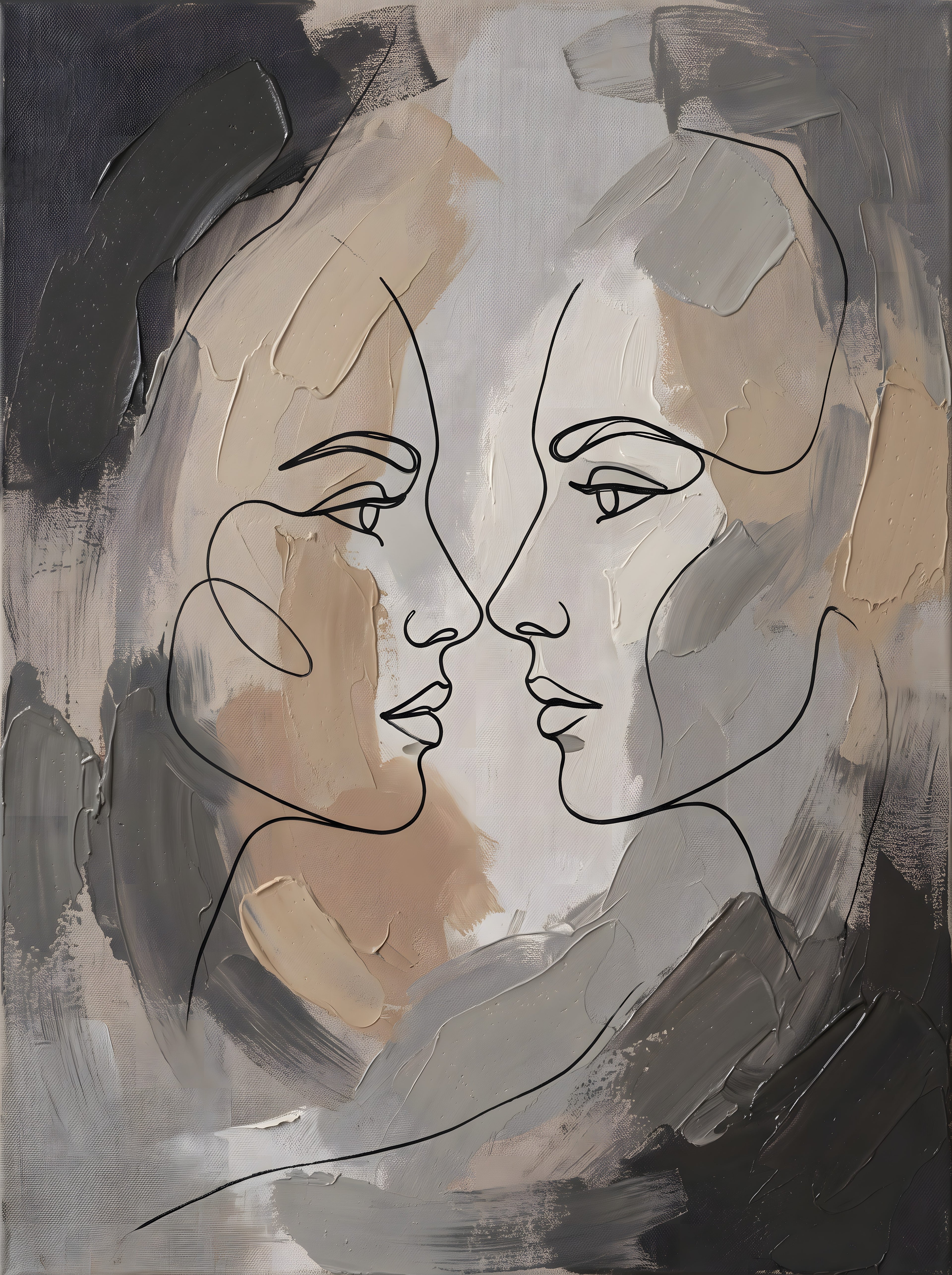 Couple Line Art Minimalist Canvas, Two Faces Profile Print, Romantic Wall Decor, Gift