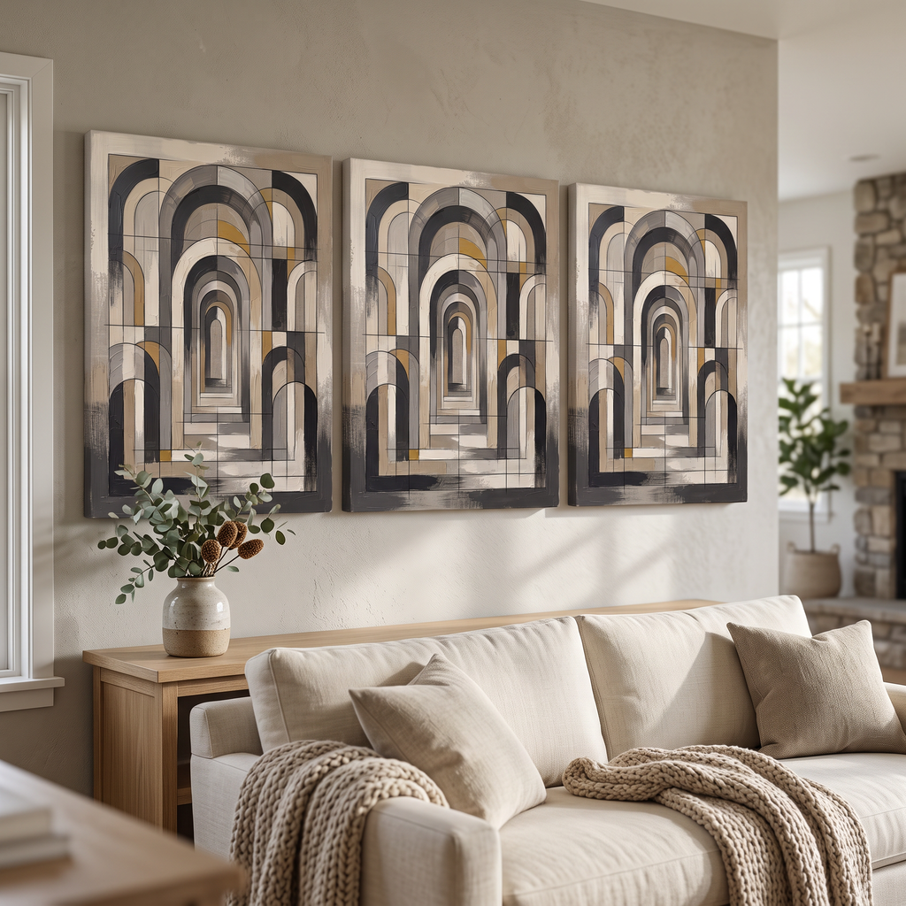 Monochrome Arch Forms Canvas — abstract, canvas wall art, canvas wall art shown on a wall in a styled interior, view C3 (minimalist line art) | BloomWorld Art