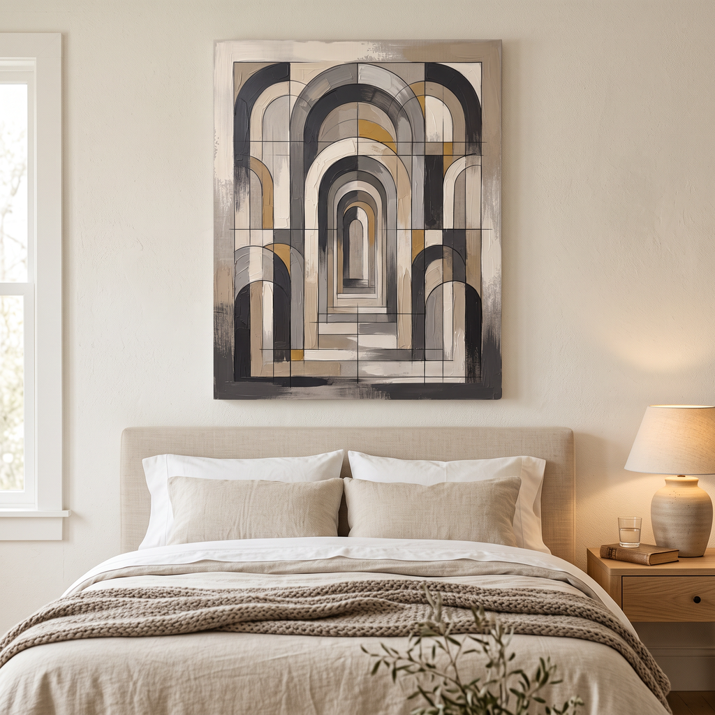 Monochrome Arch Forms Canvas — abstract, canvas wall art, canvas wall art shown on a wall in a styled interior, view C4 (minimalist line art) | BloomWorld Art