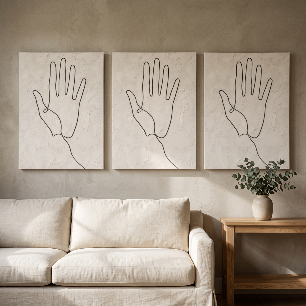 Hand Line Art Minimalist Canvas — abstract line art, bedroom decor, canvas wall art shown on a wall in a styled interior, view C3 (minimalist line art) | BloomW