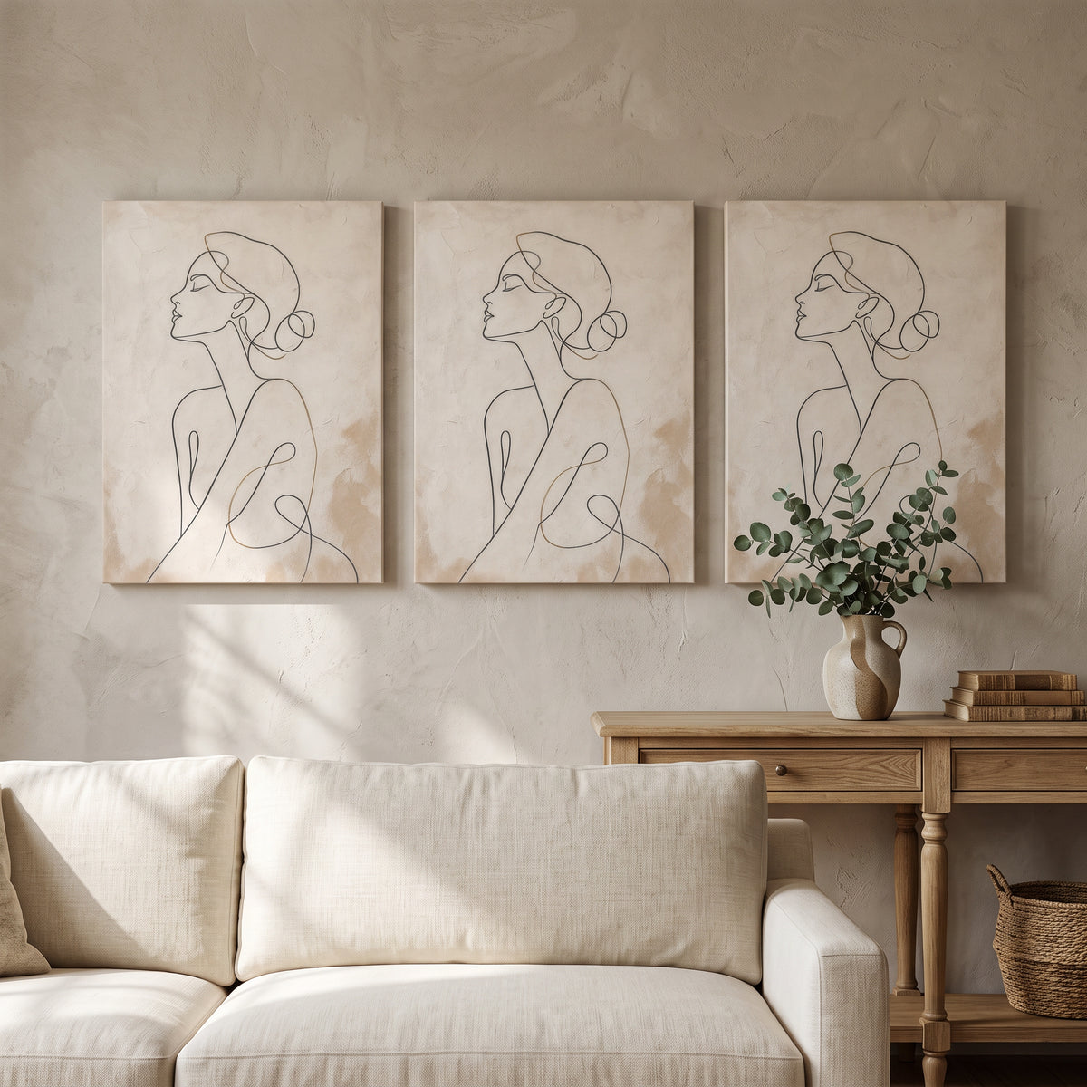 Half Figure Line Art Minimalist Canvas — abstract line art, bedroom decor, canvas wall art shown on a wall in a styled interior, view C3 (minimalist line art) |