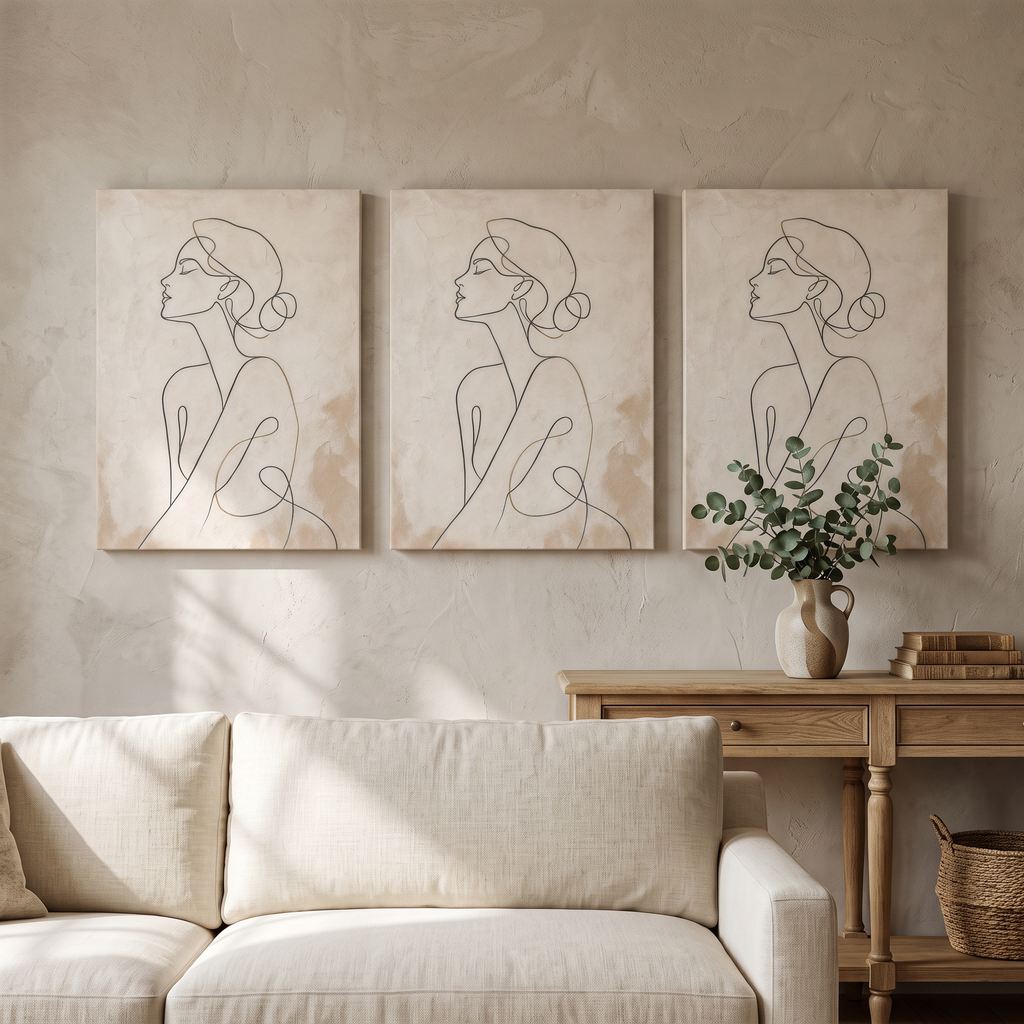 Half Figure Line Art Minimalist Canvas — abstract line art, bedroom decor, canvas wall art shown on a wall in a styled interior, view C3 (minimalist line art) |