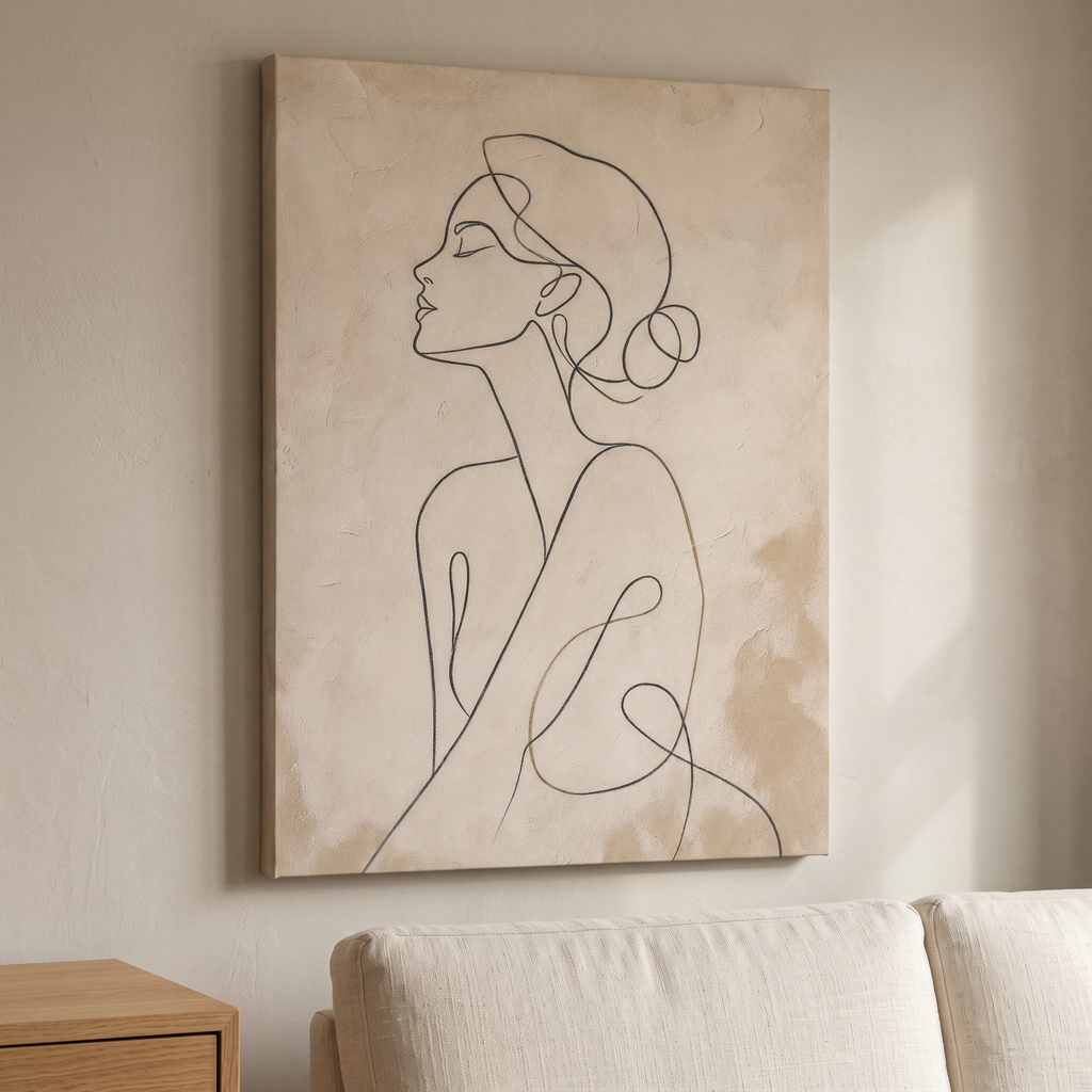 Half Figure Line Art Minimalist Canvas — abstract line art, bedroom decor, canvas wall art shown on a wall in a styled interior, view C8 (minimalist line art) |