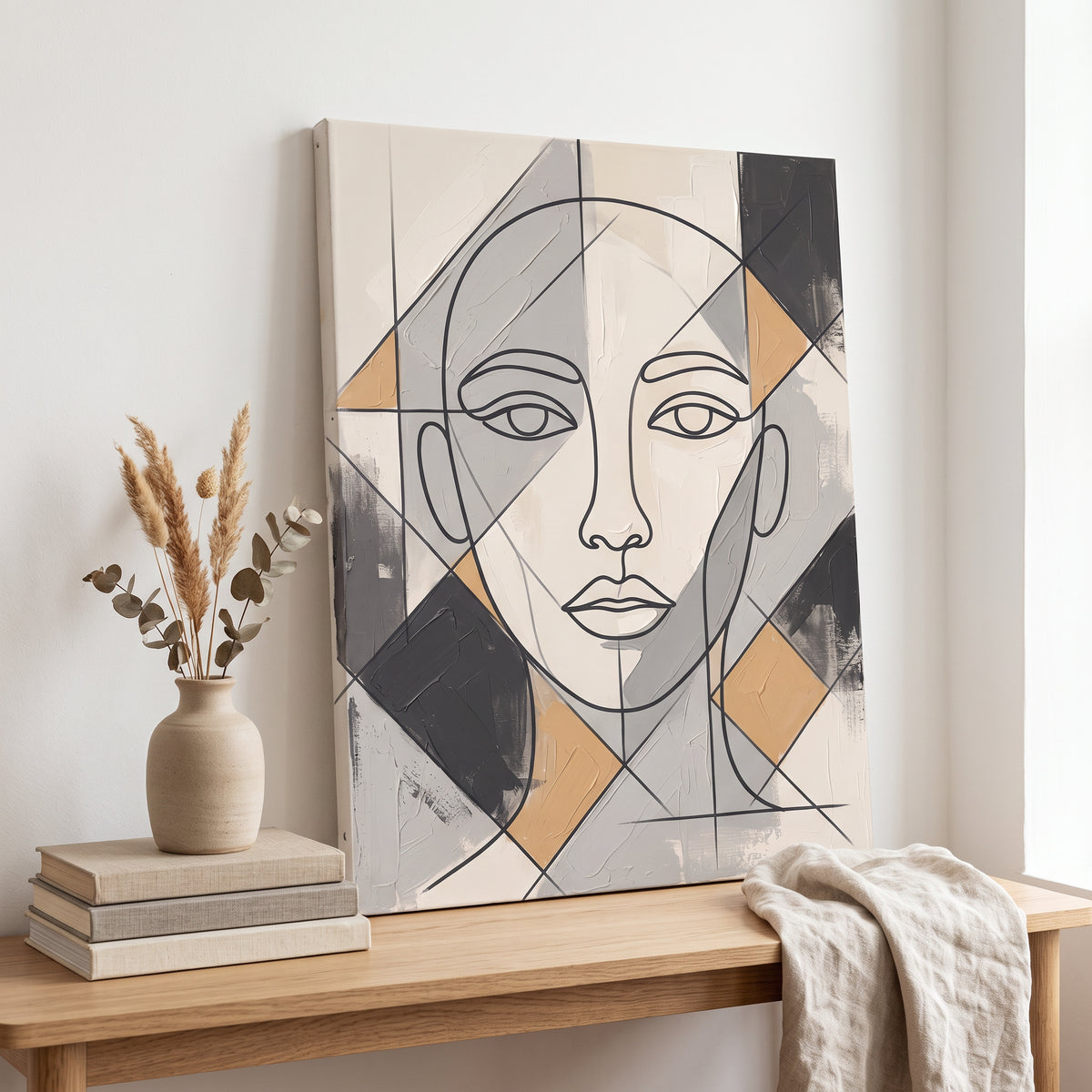 Large Modern Wall Art For Dining Room — boho neutral, line art, canvas wall art shown on a wall in a styled interior, view C10 (minimalist line art) | BloomWorl