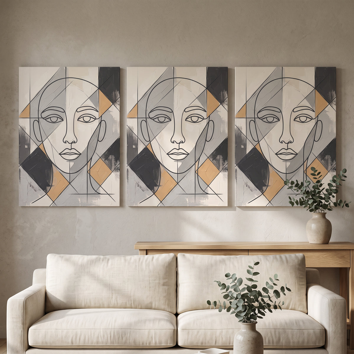 Large Modern Wall Art For Dining Room — boho neutral, line art, canvas wall art shown on a wall in a styled interior, view C3 (minimalist line art) | BloomWorld