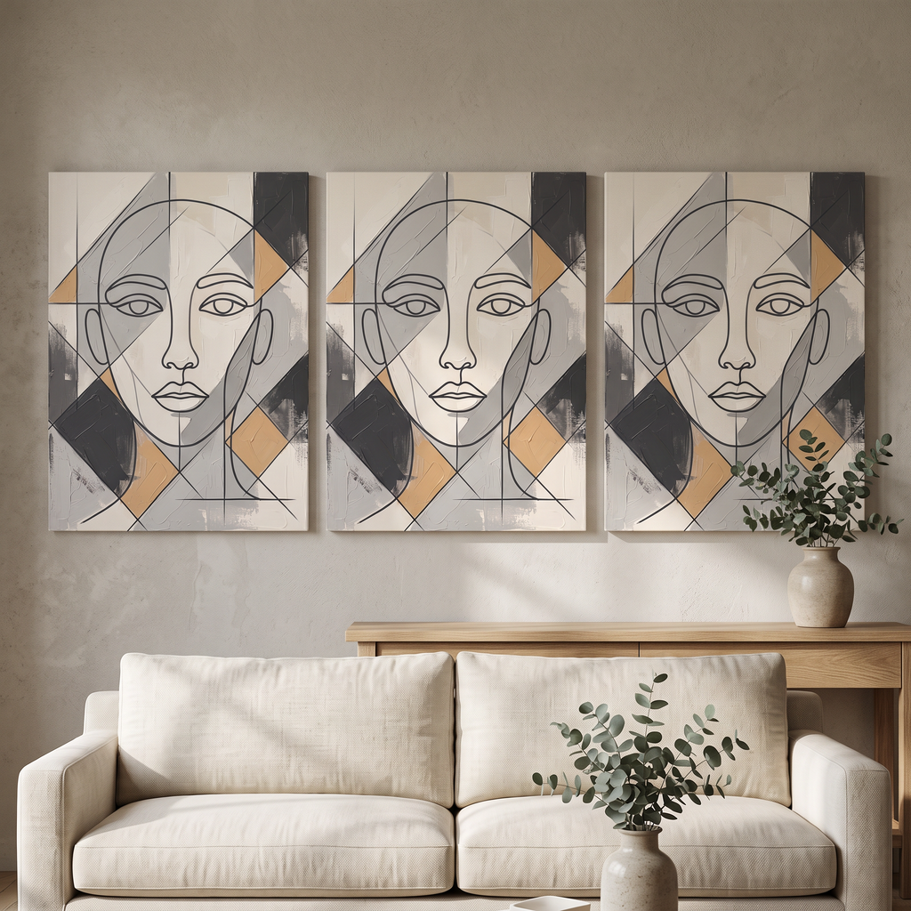 Large Modern Wall Art For Dining Room — boho neutral, line art, canvas wall art shown on a wall in a styled interior, view C3 (minimalist line art) | BloomWorld