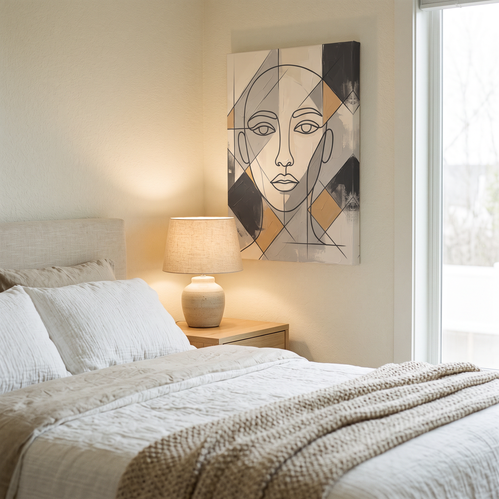 Large Modern Wall Art For Dining Room — boho neutral, line art, canvas wall art shown on a wall in a styled interior, view C4 (minimalist line art) | BloomWorld