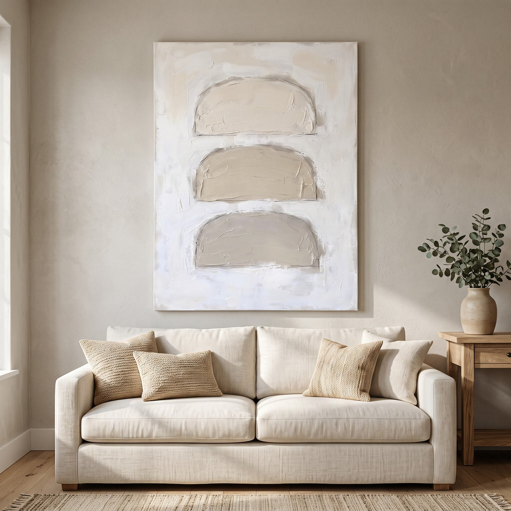 Large Neutral Abstract Wall Art, Oatmeal Arch Fields, Minimalist Canvas for Living Room, Modern Earth Tone Decor, Gift