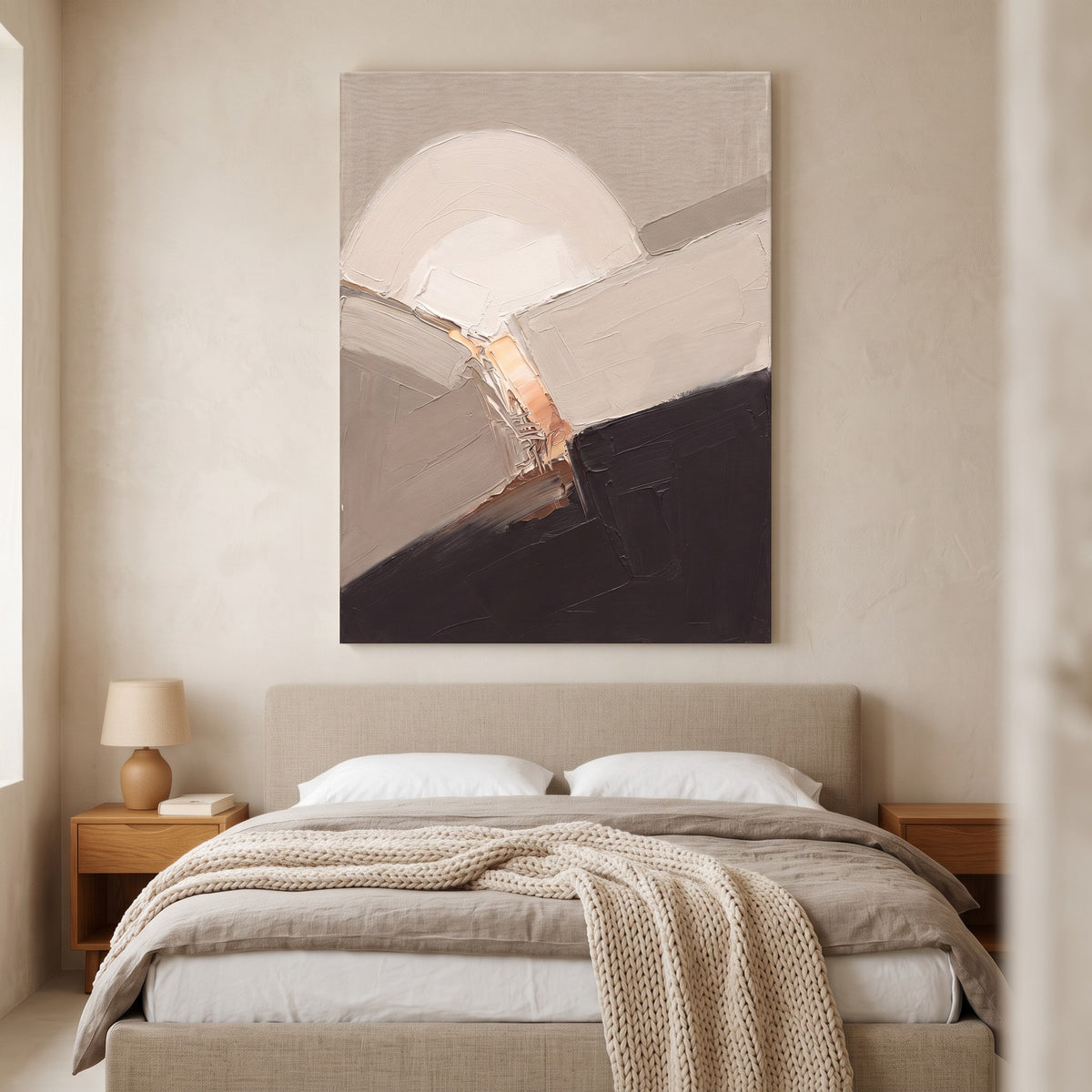 Large Neutral Abstract Wall Art, Oatmeal Arch Fields, Minimalist Canvas for Living Room, Modern Earth Tone Decor, Gift