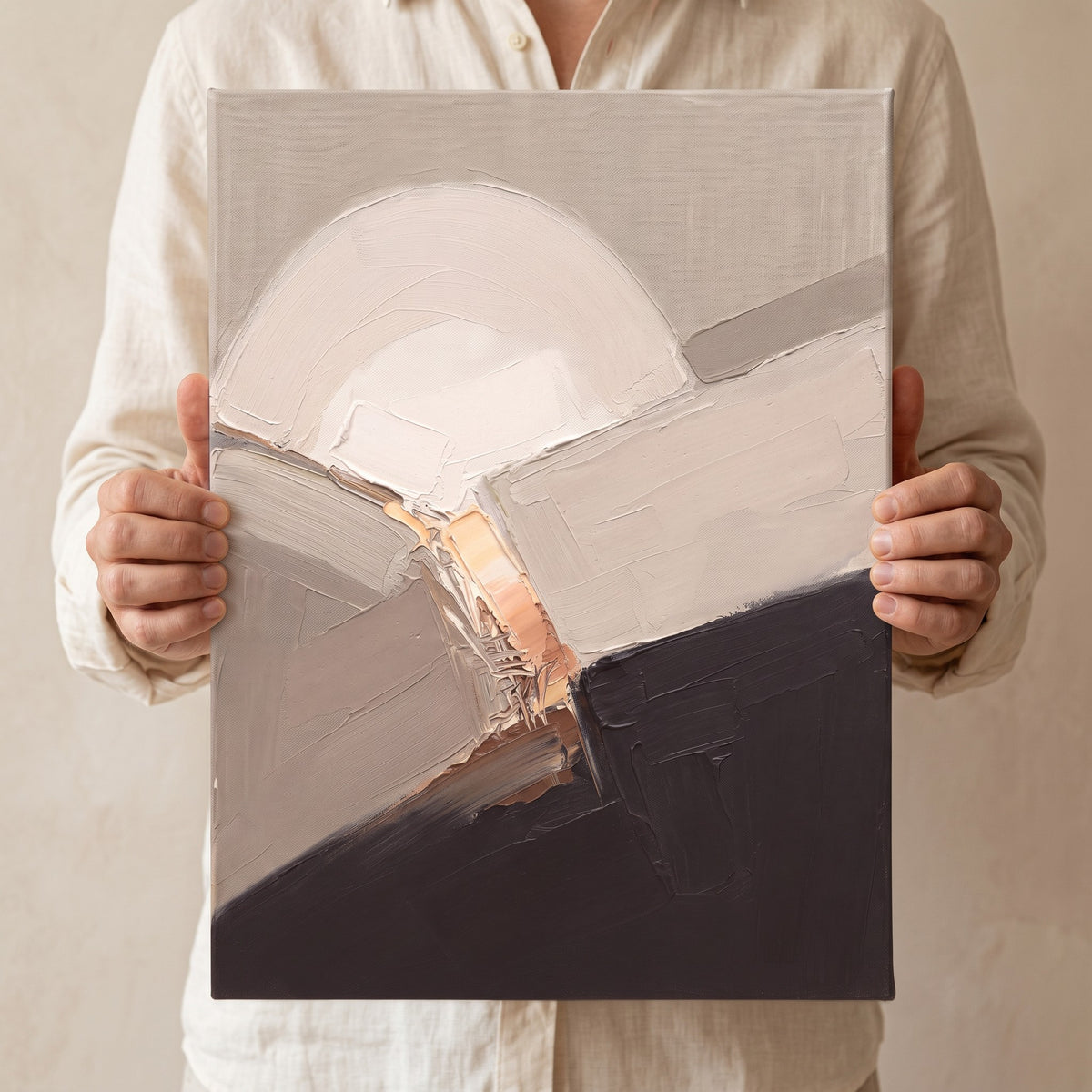 Large Neutral Abstract Wall Art, Oatmeal Arch Fields, Minimalist Canvas for Living Room, Modern Earth Tone Decor, Gift