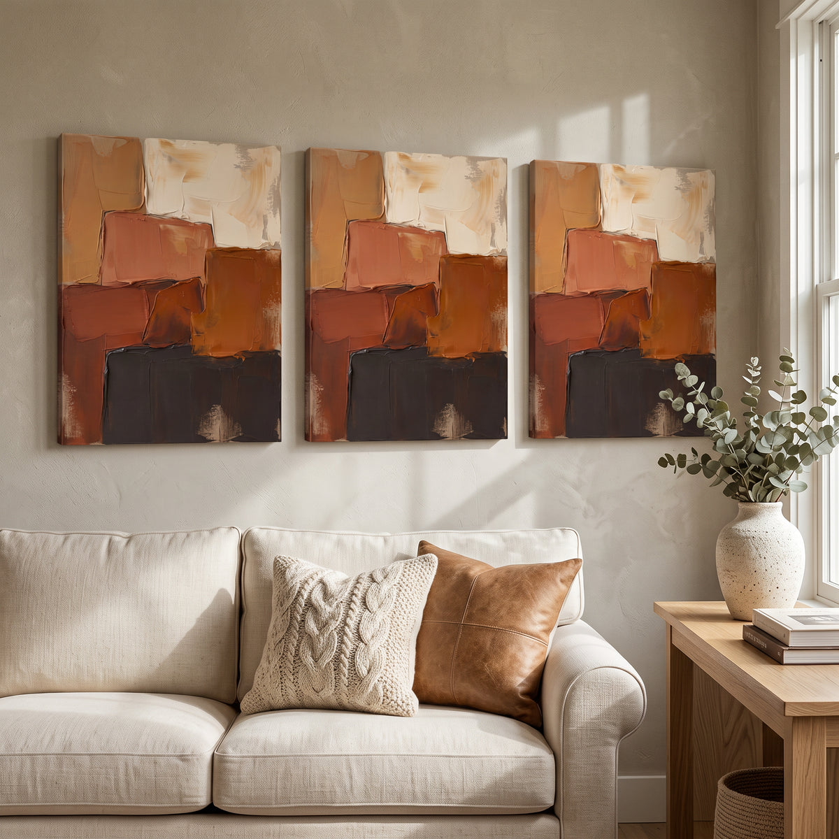 Oversized Neutral Abstract Wall Art — abstract canvas art, bedroom wall decor, canvas wall art shown on a wall in a styled interior, view C3 (neutral abstract) 