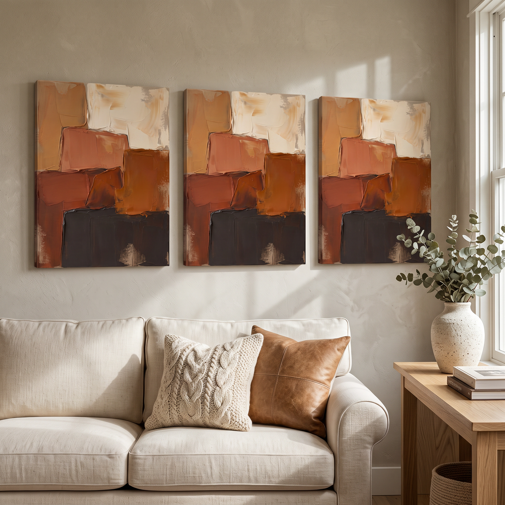 Oversized Neutral Abstract Wall Art — abstract canvas art, bedroom wall decor, canvas wall art shown on a wall in a styled interior, view C3 (neutral abstract) 