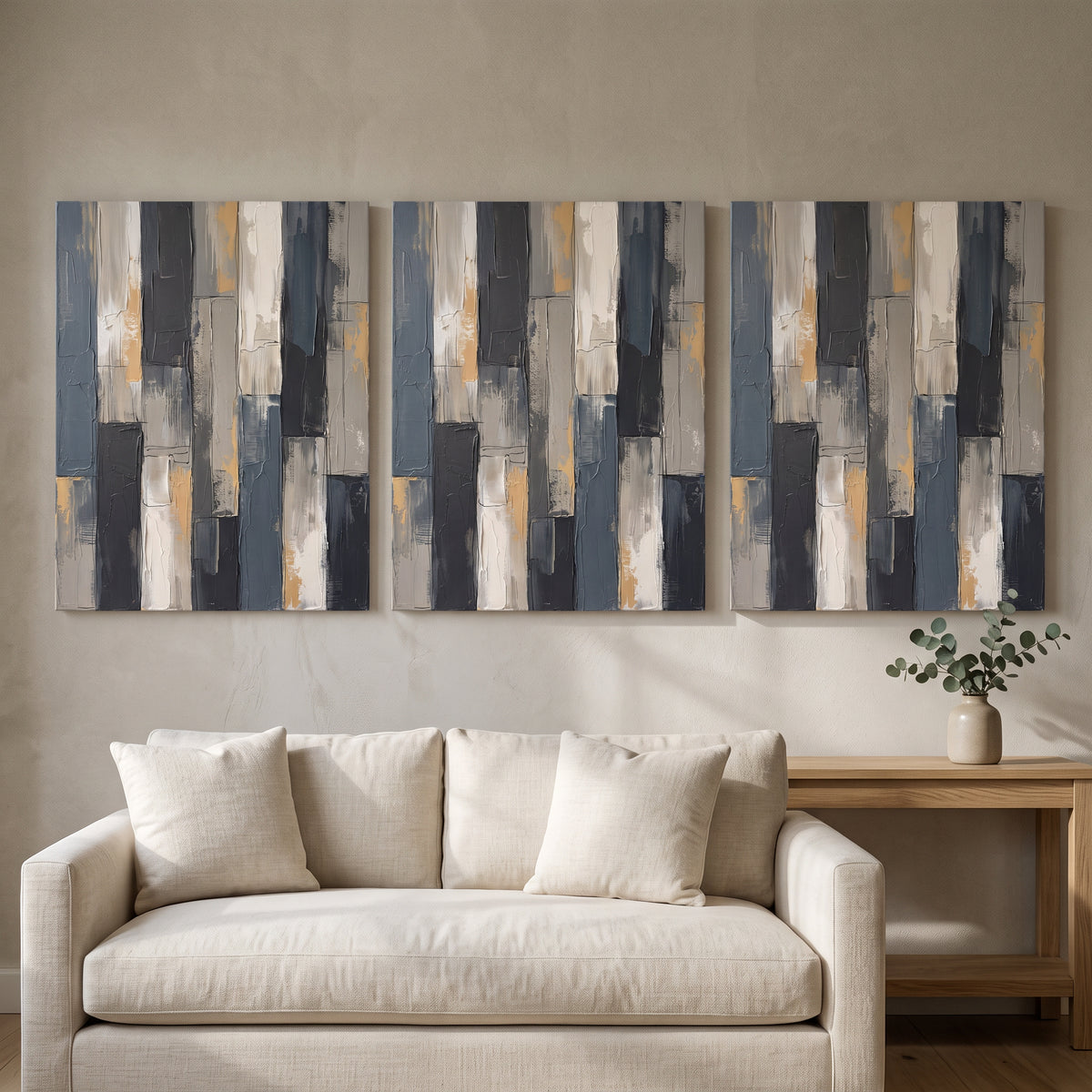 Minimalist Neutral Abstract Canvas — abstract canvas art, earth tone decor, canvas wall art shown on a wall in a styled interior, view C3 (neutral abstract) | B